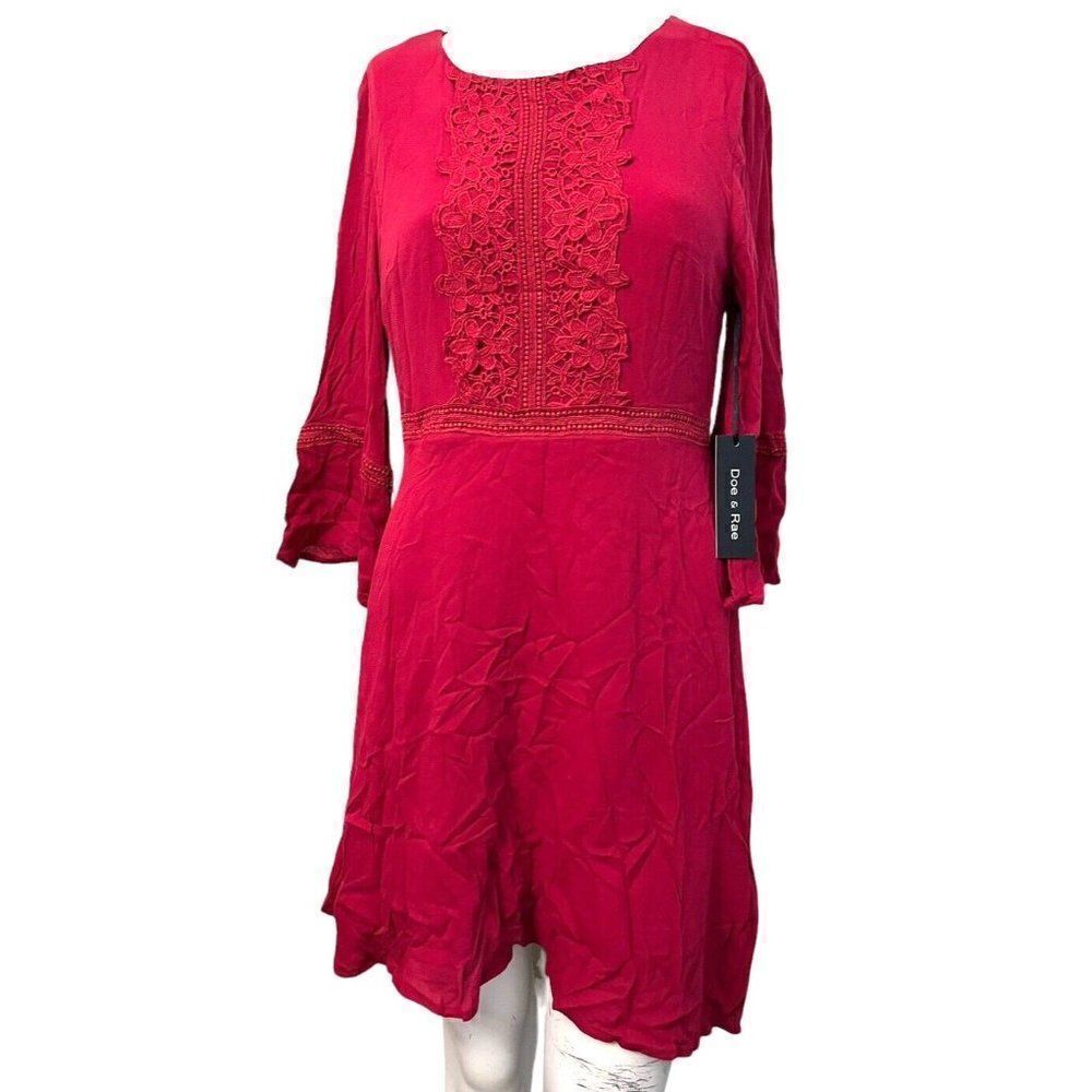 Doe & Rae L Midi Boho Long Sleeve Dress Small Red Embroidered Lined NWT